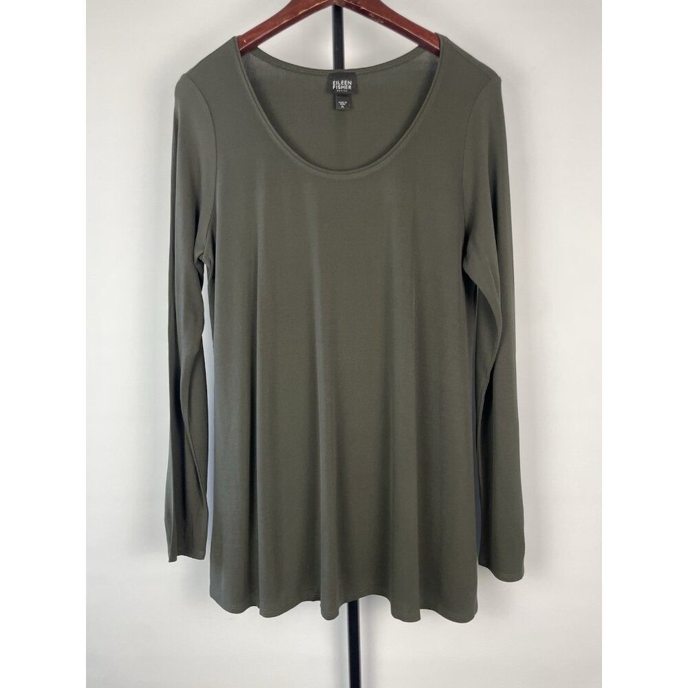 Eileen Fisher Green Stretch Silk Jersey Scoop Neck Long Sleeve Basic Top Size PL